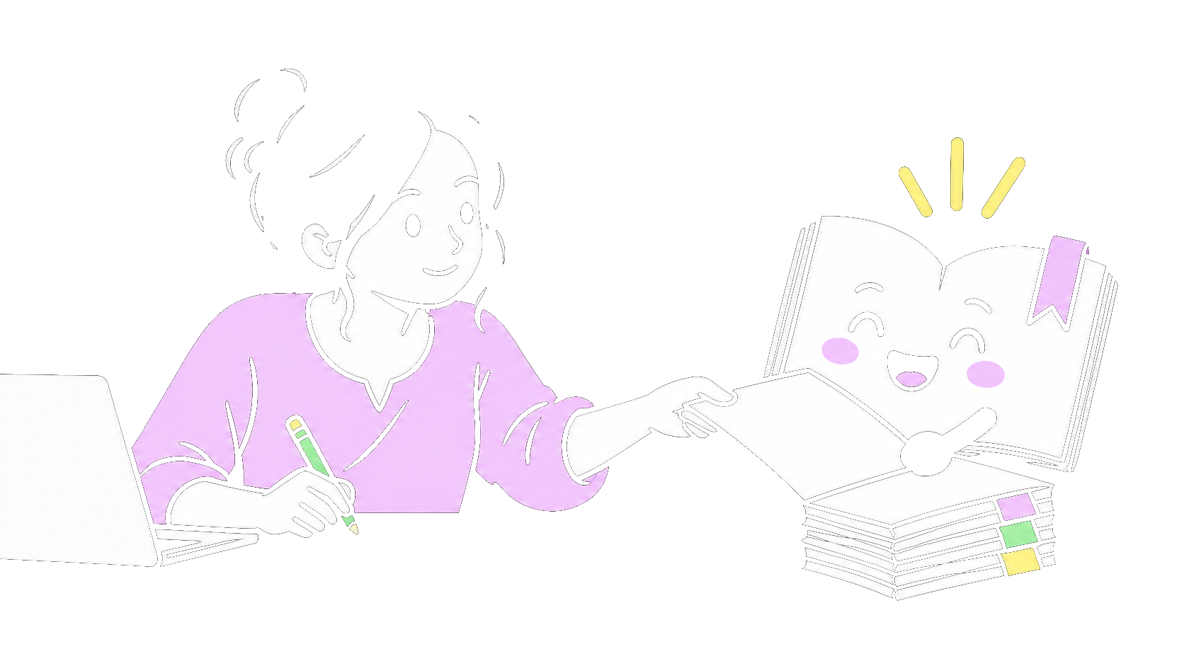 A student and a cheerful book companion organising contributed exam papers